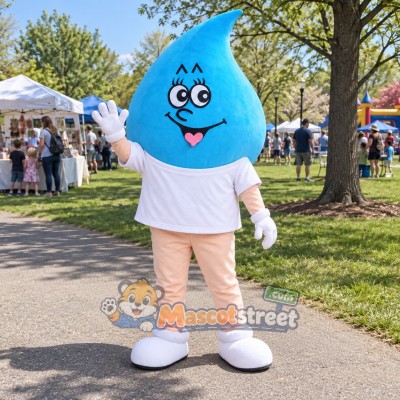 Blue Water Drop Mascot Costume with White Shirt