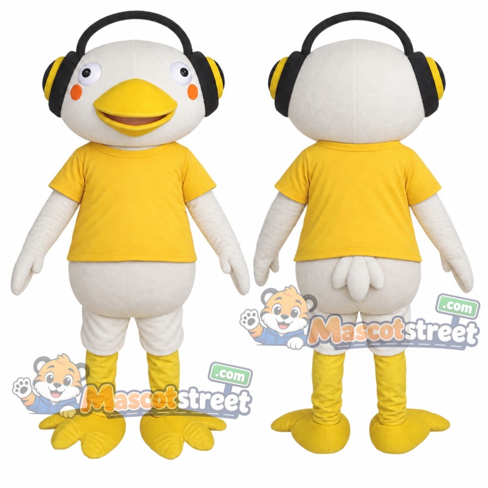 White Bird Mascot Costume with Yellow Shirt and Headphones White Bird Mascot Costume with Yellow Shirt and Headphones