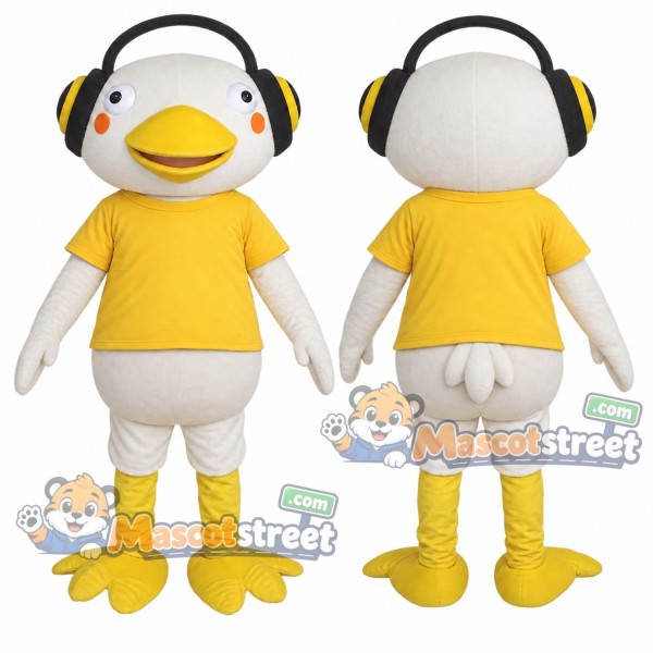 White Bird Mascot Costume with Yellow Shirt and Headphones