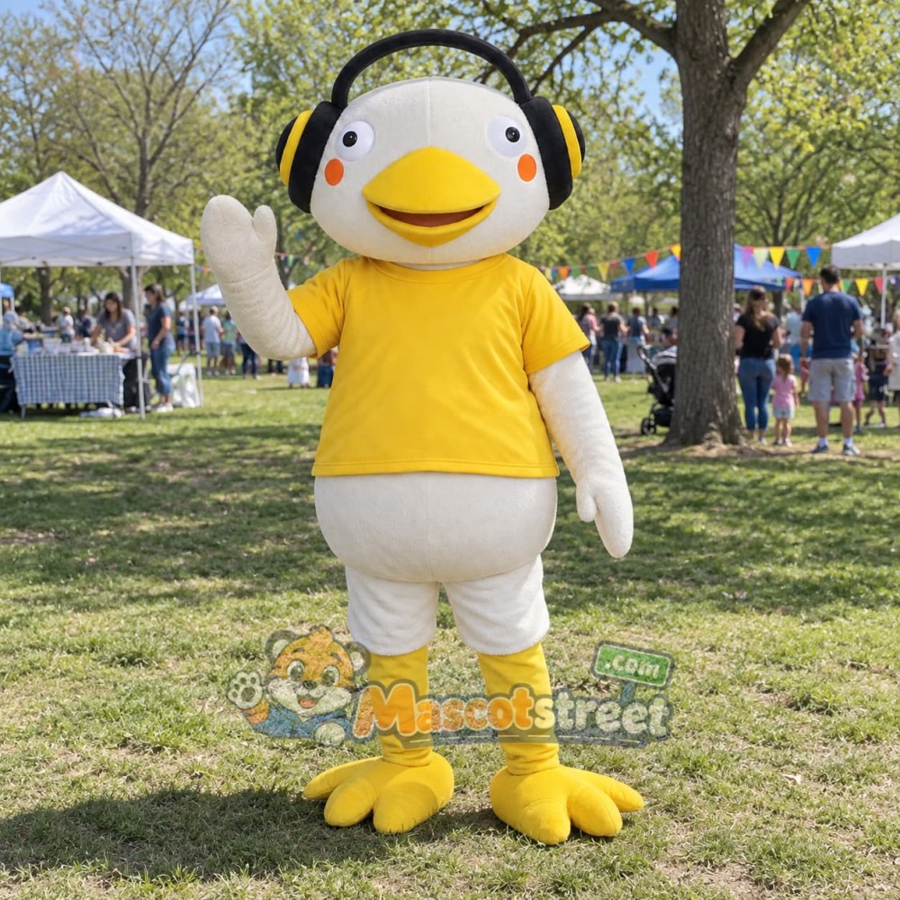 White Bird Mascot Costume with Yellow Shirt and Headphones White Bird Mascot Costume with Yellow Shirt and Headphones