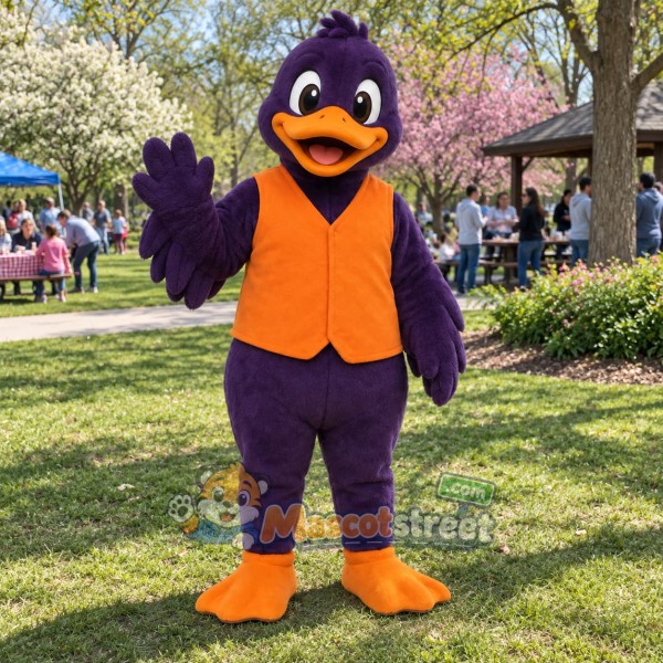 Purple Duck Mascot Costume with Orange Vest