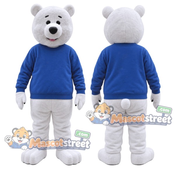 White Polar Bear Mascot Costume with Blue Sweater