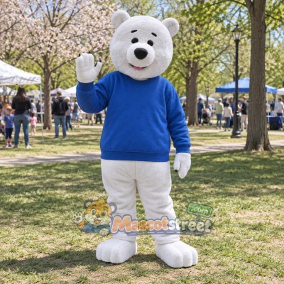White Polar Bear Mascot Costume with Blue Sweater