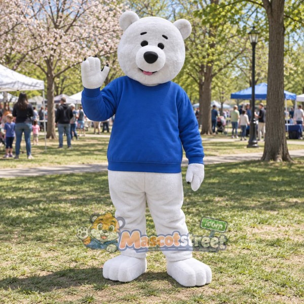 White Polar Bear Mascot Costume with Blue Sweater