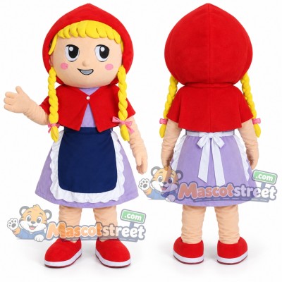 Girl Mascot Costume with Red Hood, Purple Dress and Blue Apron