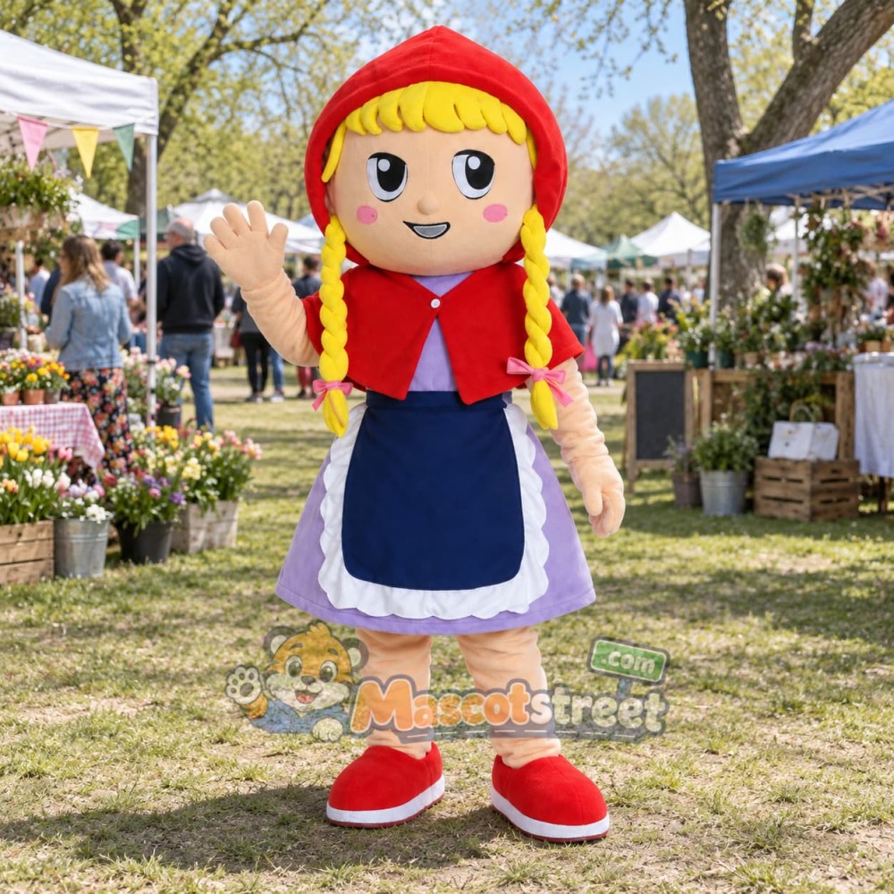 Girl Mascot Costume with Red Hood, Purple Dress and Blue Apron