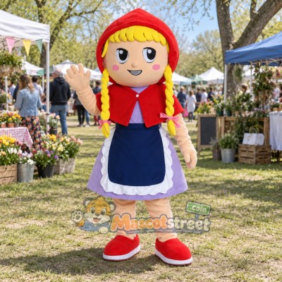 Girl Mascot Costume with Red Hood, Purple Dress and Blue Apron