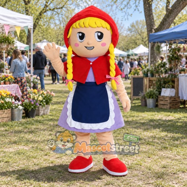 Girl Mascot Costume with Red Hood, Purple Dress and Blue Apron