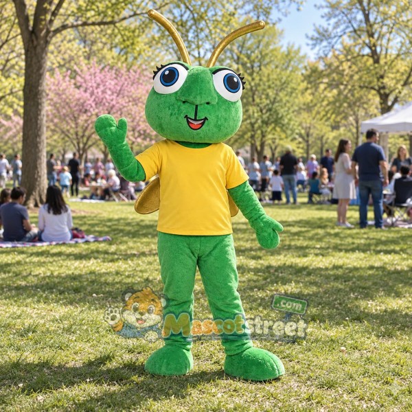 Green Firefly Mascot Costume with Yellow Shirt