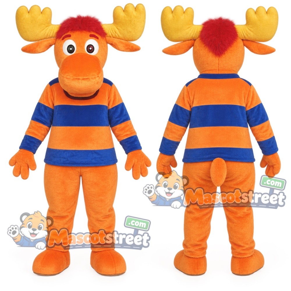 Orange Moose Mascot Costume with Blue and Orange Striped Sweater