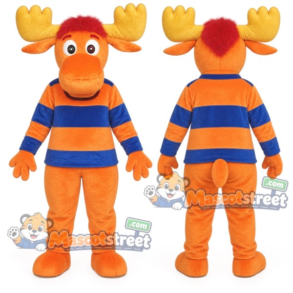 Orange Moose Mascot Costume with Blue and Orange Striped Sweater