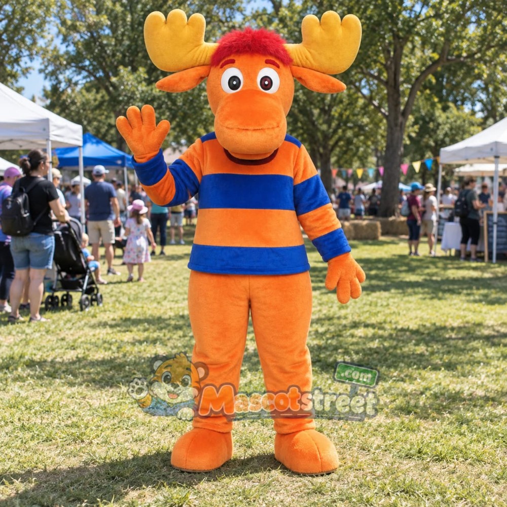 Orange Moose Mascot Costume with Blue and Orange Striped Sweater