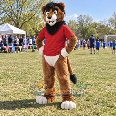 Brown Lion Mascot Costume with Red Shirt Brown Lion Mascot Costume with Red Shirt
