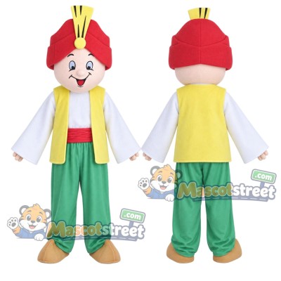Genie Character Mascot Costume with Yellow Vest, Green Trousers and Red Turban Genie Character Mascot Costume with Yellow Vest, Green Trousers and Red Turban