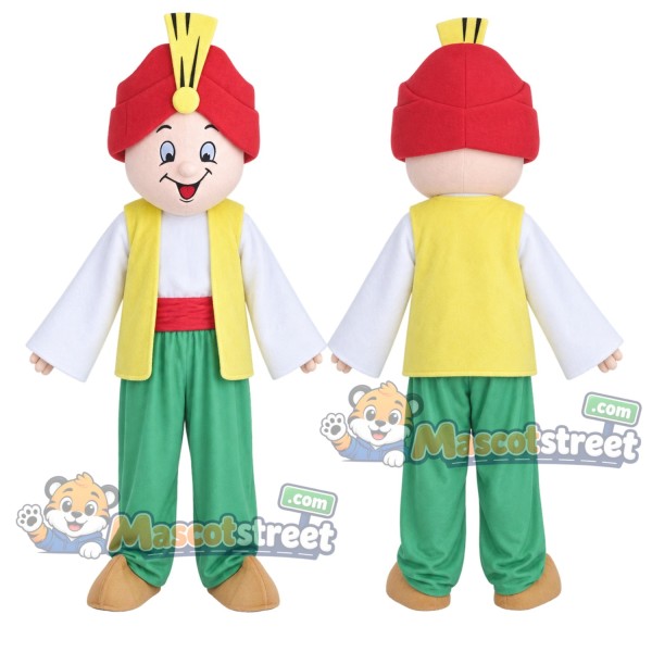 Genie Character Mascot Costume with Yellow Vest, Green Trousers and Red Turban