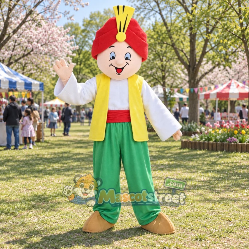Genie Character Mascot Costume with Yellow Vest, Green Trousers and Red Turban Genie Character Mascot Costume with Yellow Vest, Green Trousers and Red Turban