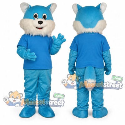 Blue and White Cat Mascot Costume with Blue Shirt