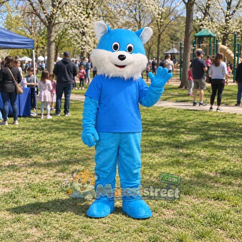 Blue and White Cat Mascot Costume with Blue Shirt