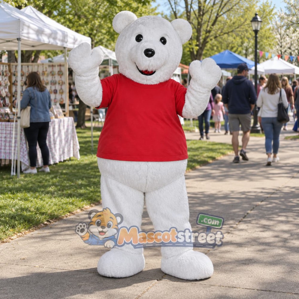 White Bear Mascot Costume with Red Shirt
