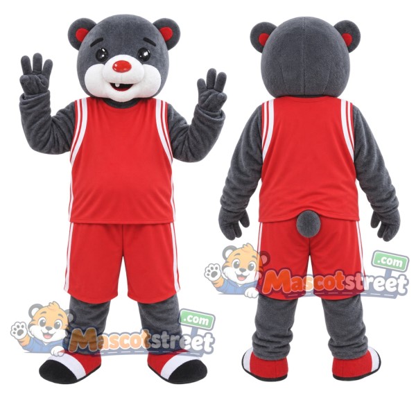 Gray Bear Mascot Costume with Red Sports Uniform