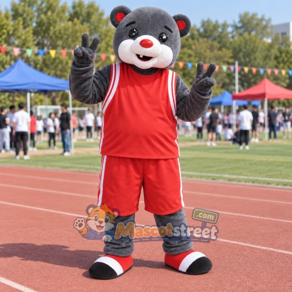 Gray Bear Mascot Costume with Red Sports Uniform
