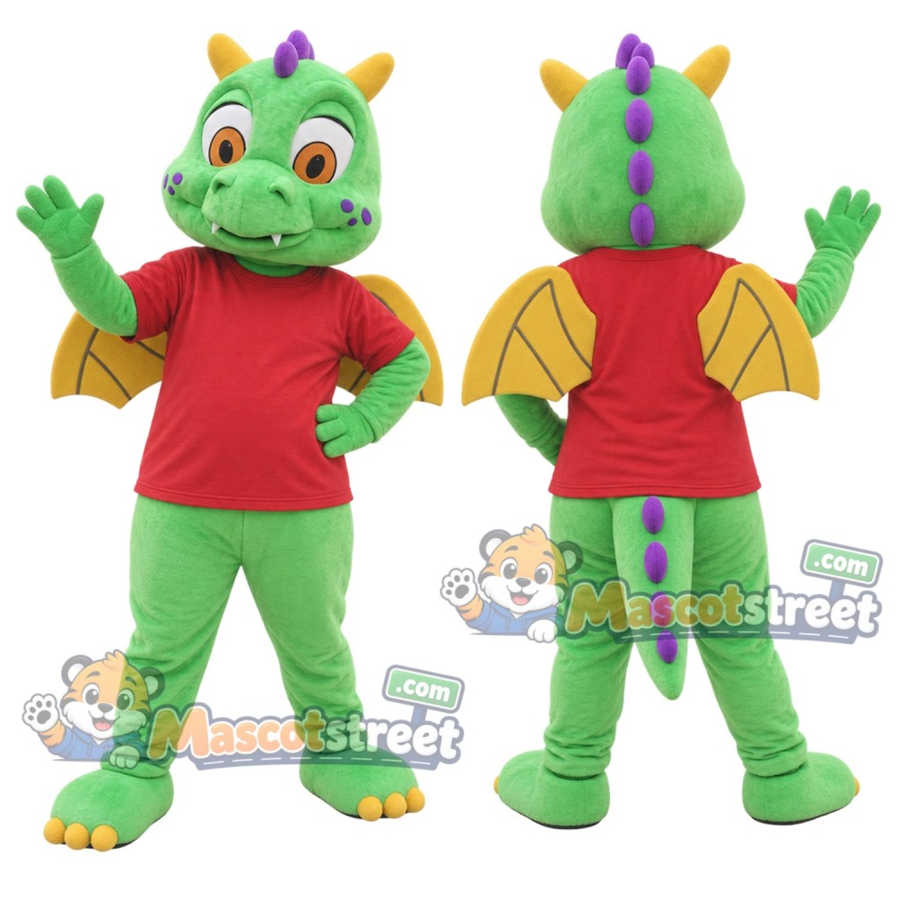 Green Dragon Mascot Costume with Red Shirt Green Dragon Mascot Costume with Red Shirt