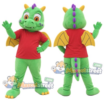 Green Dragon Mascot Costume with Red Shirt Green Dragon Mascot Costume with Red Shirt