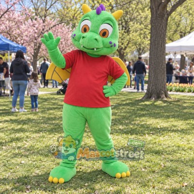 Green Dragon Mascot Costume with Red Shirt Green Dragon Mascot Costume with Red Shirt