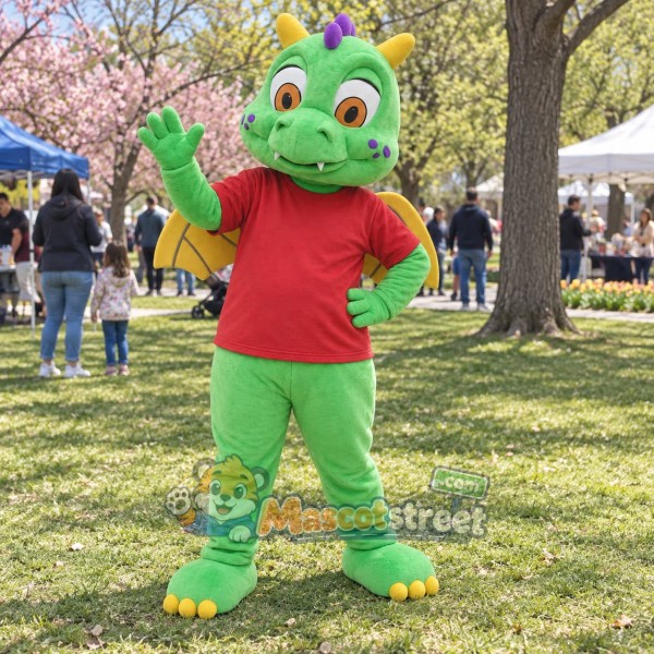 Green Dragon Mascot Costume with Red Shirt