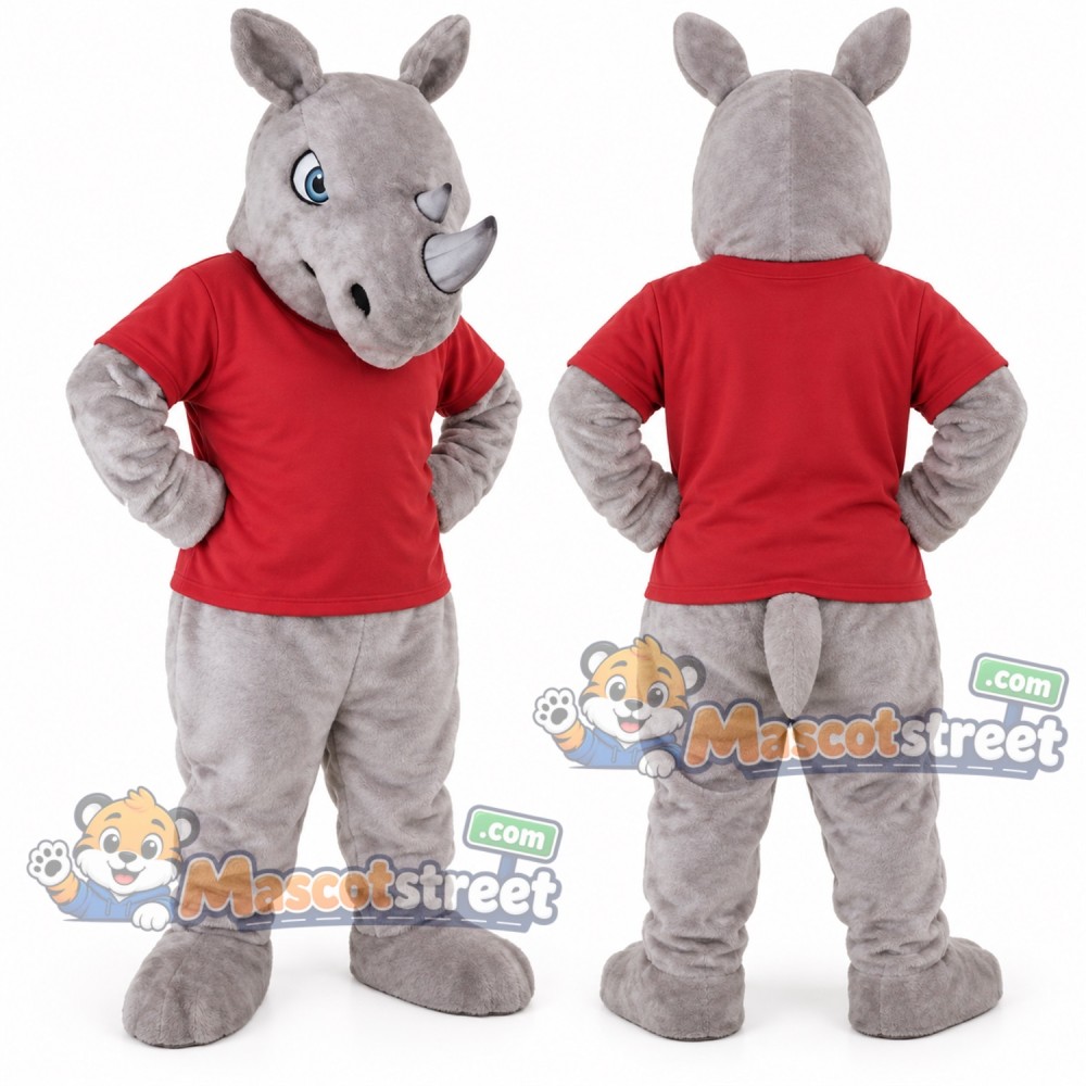 Gray Rhinoceros Mascot Costume with Red Shirt