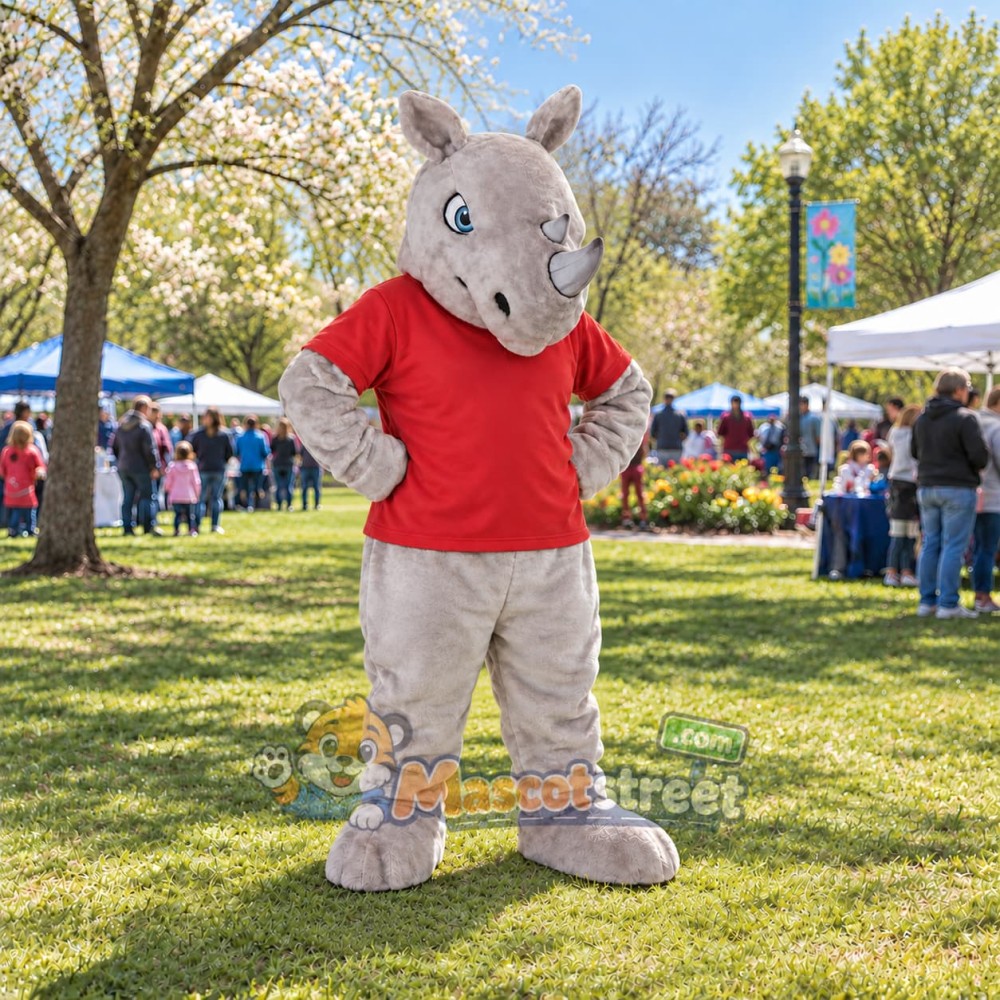 Gray Rhinoceros Mascot Costume with Red Shirt
