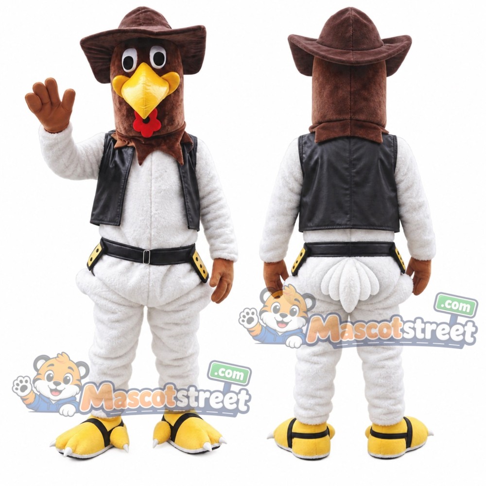 Brown Rooster Mascot Costume with White Shirt, Black Vest, White Trousers and Cowboy Hat
