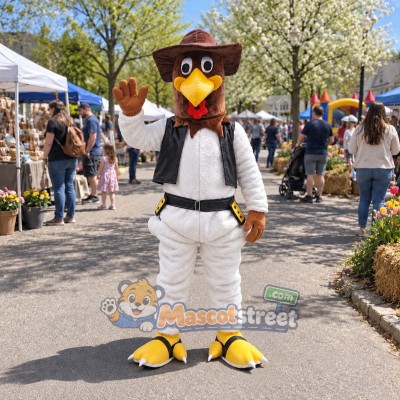 Brown Rooster Mascot Costume with White Shirt, Black Vest, White Trousers and Cowboy Hat
