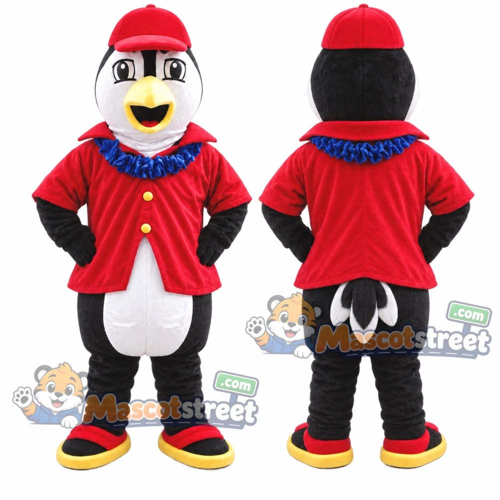 Penguin Mascot Costume with Red Jacket and Red Cap