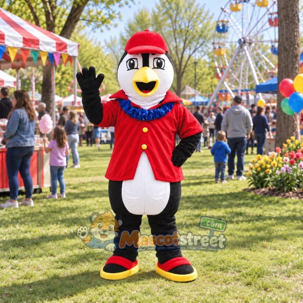 Penguin Mascot Costume with Red Jacket and Red Cap