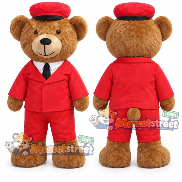 Brown Bear Mascot Costume with Red Suit and Red Cap