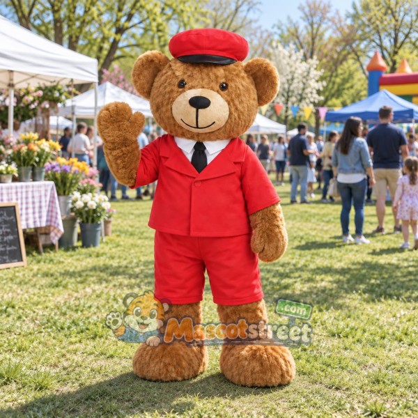 Brown Bear Mascot Costume with Red Suit and Red Cap