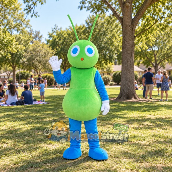Green Ant Mascot Costume with Blue Shirt