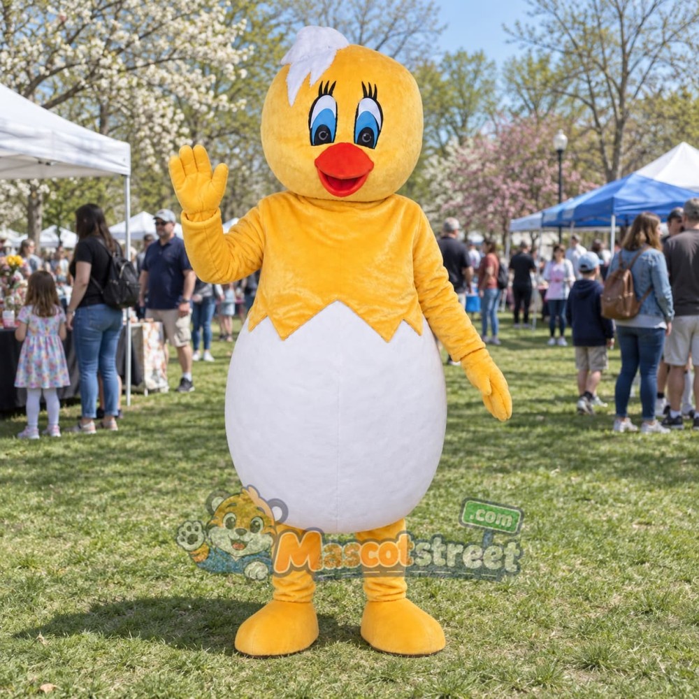 Yellow Chick in Eggshell Mascot Costume Yellow Chick in Eggshell Mascot Costume