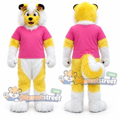 Yellow and White Canine Mascot Costume with Pink Shirt Yellow and White Canine Mascot Costume with Pink Shirt