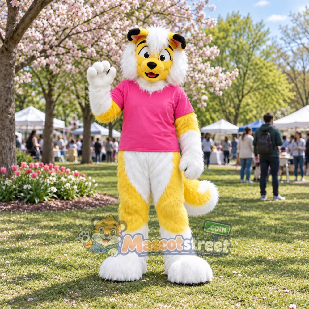 Yellow and White Canine Mascot Costume with Pink Shirt Yellow and White Canine Mascot Costume with Pink Shirt