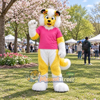 Yellow and White Canine Mascot Costume with Pink Shirt Yellow and White Canine Mascot Costume with Pink Shirt