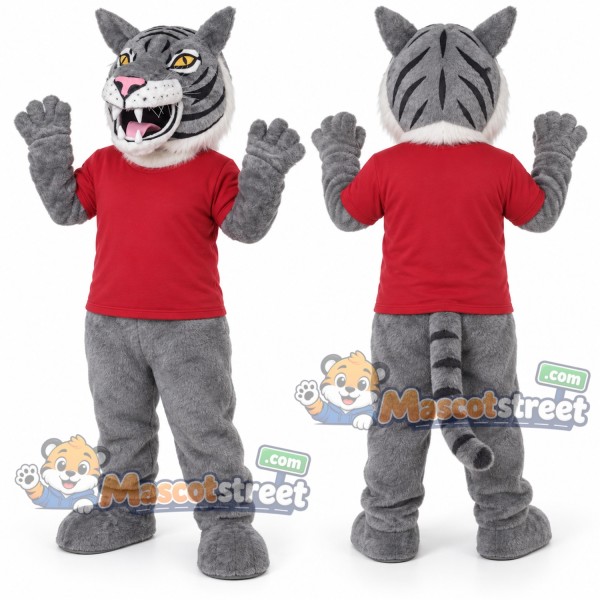 Gray Tiger Mascot Costume with Red Shirt
