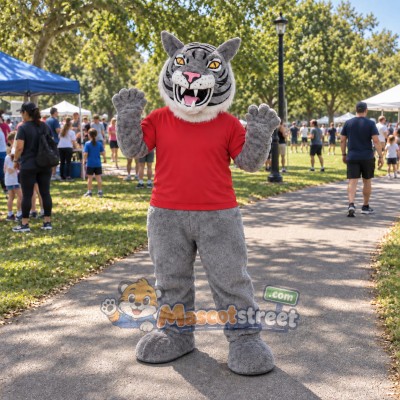 Gray Tiger Mascot Costume with Red Shirt Gray Tiger Mascot Costume with Red Shirt
