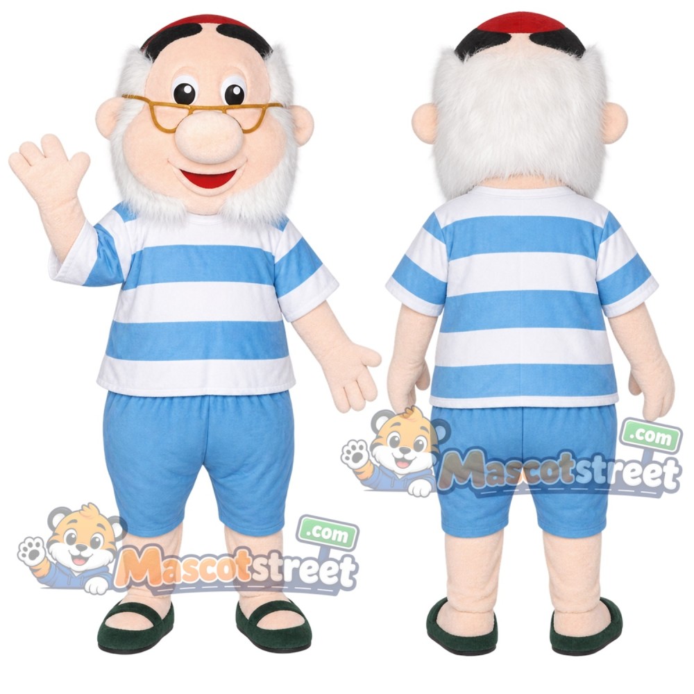 Older Man Mascot Costume with Blue Striped Shirt and Blue Shorts Older Man Mascot Costume with Blue Striped Shirt and Blue Shorts