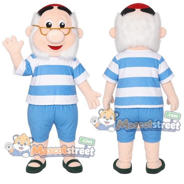 Older Man Mascot Costume with Blue Striped Shirt and Blue Shorts
