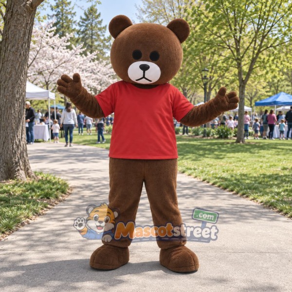 Brown Bear Mascot Costume with Red Shirt