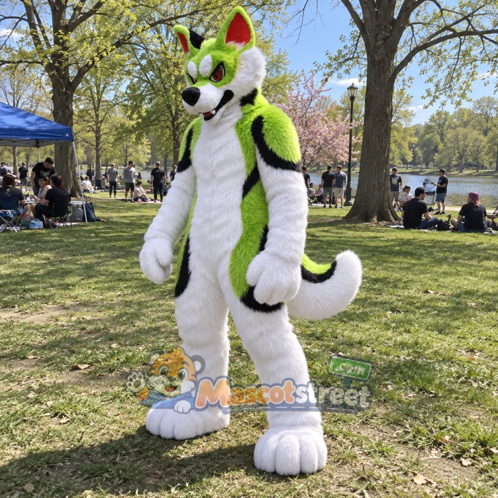 Green and White Wolf Mascot Costume Green and White Wolf Mascot Costume