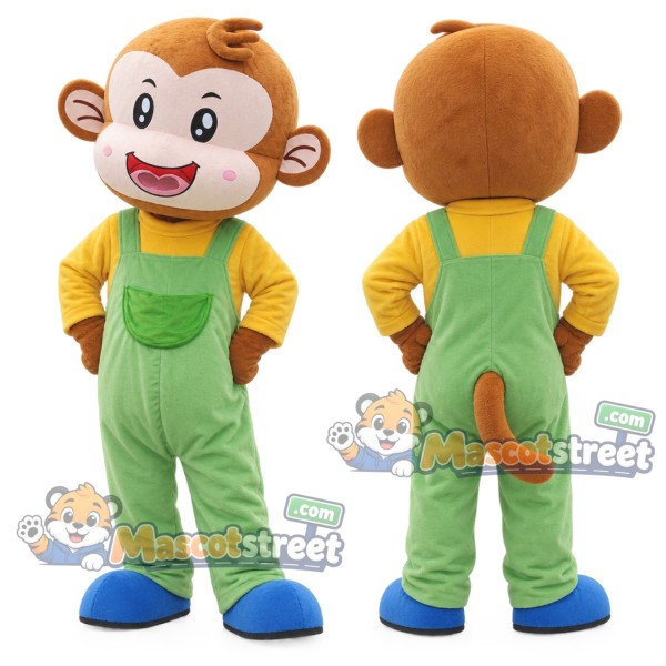 Brown Monkey Mascot Costume with Yellow Shirt and Green Overalls