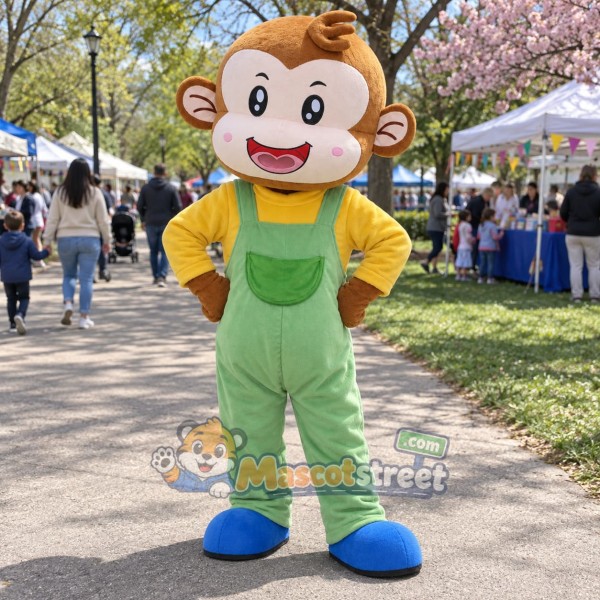 Brown Monkey Mascot Costume with Yellow Shirt and Green Overalls